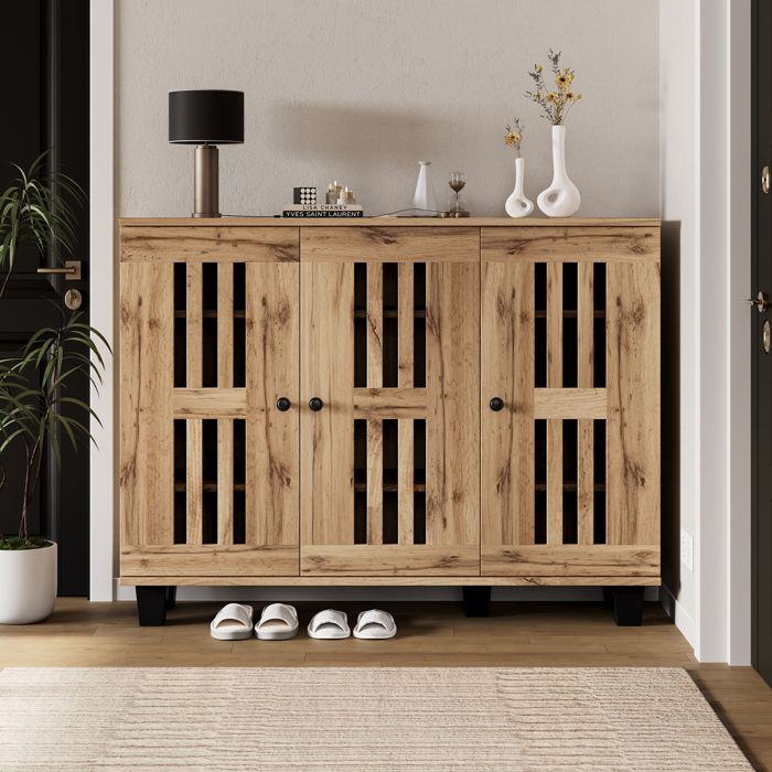 Buffet 120x32x92 cm - 3 portes et 8 compartiments de rangement - naturel