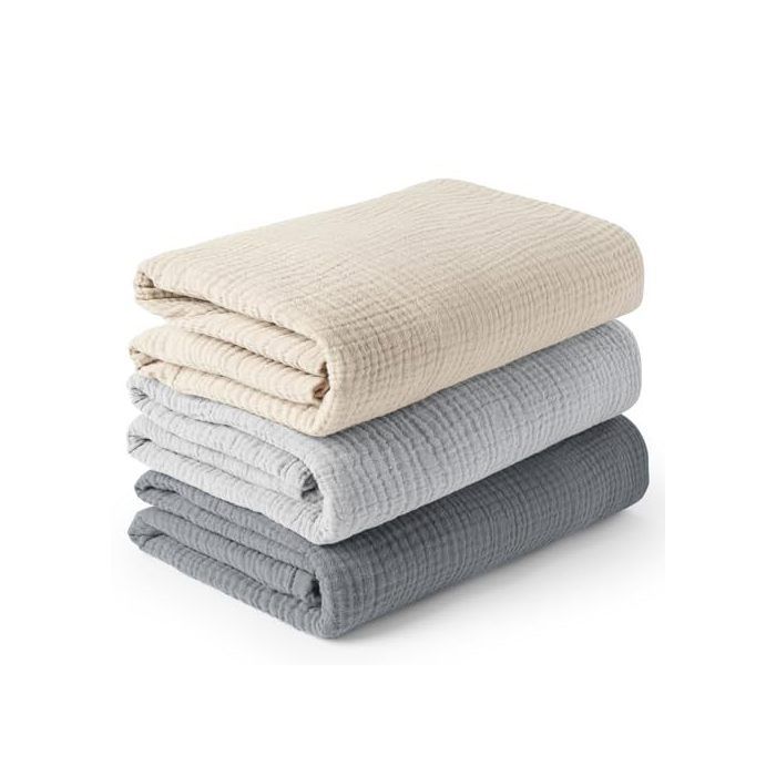 Ensemble de trois couvertures pour bébé en mousselinecouverture demmaillotage pour nouveau-gris crème + bleu + abricot - 120*120cm