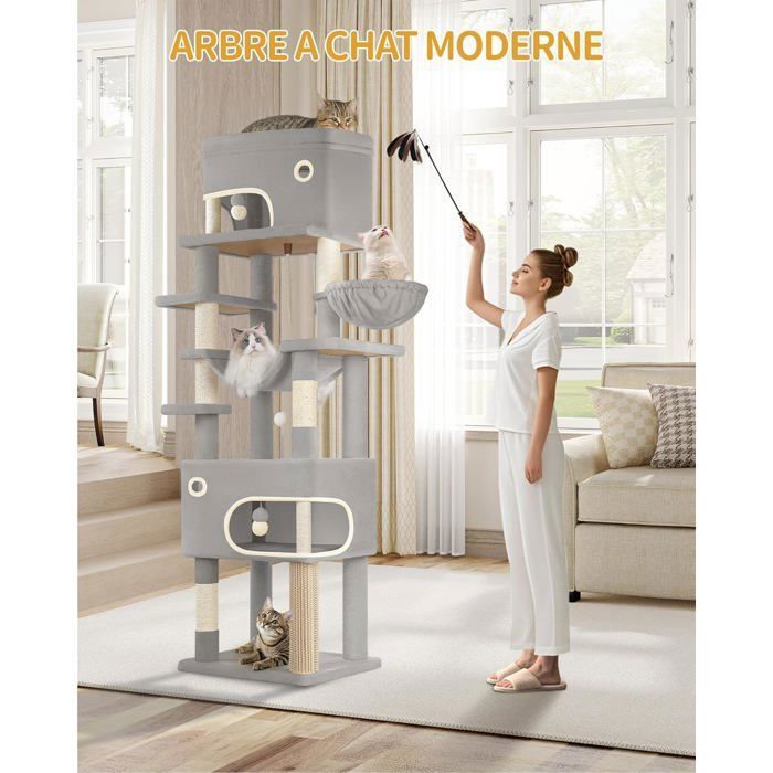 Comparer les prix de Arbre à Chat Abri à Chat Multi-Niveaux de 203 cm avec Grande Plateforme Niches Griffoirs Pompons Paniers et HamacGris Clair