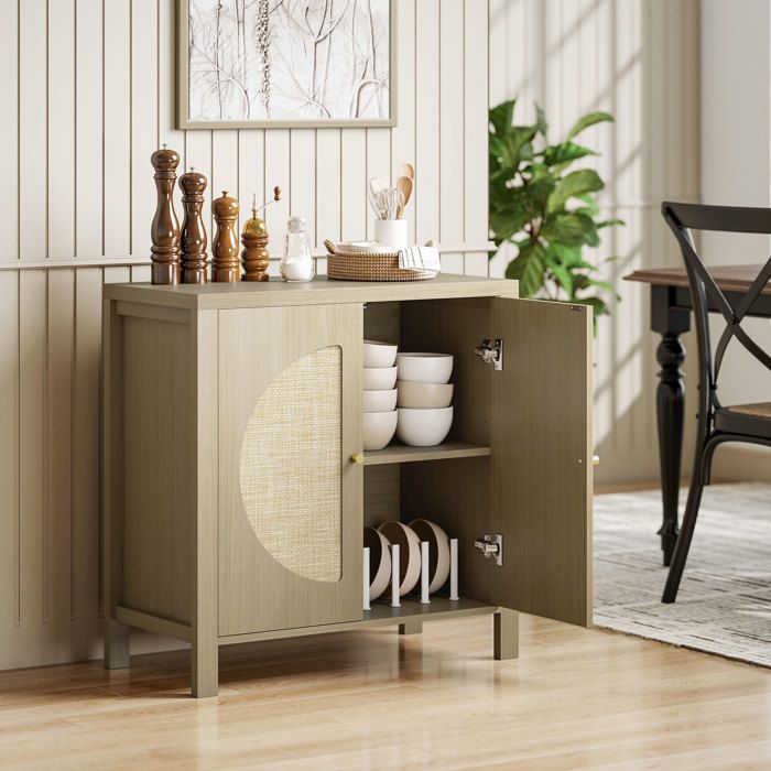Buffet cuisine meuble de rangement avec 2 portes effet rotin et étagère réglable 75 x 38 x 77 cm bois naturel