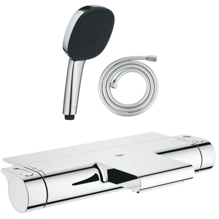 Grohe Pack mitigeur bain thermostatique Grohtherm 2000 + Douchette 2 jets Vitalio Comfort 110 + Flexible