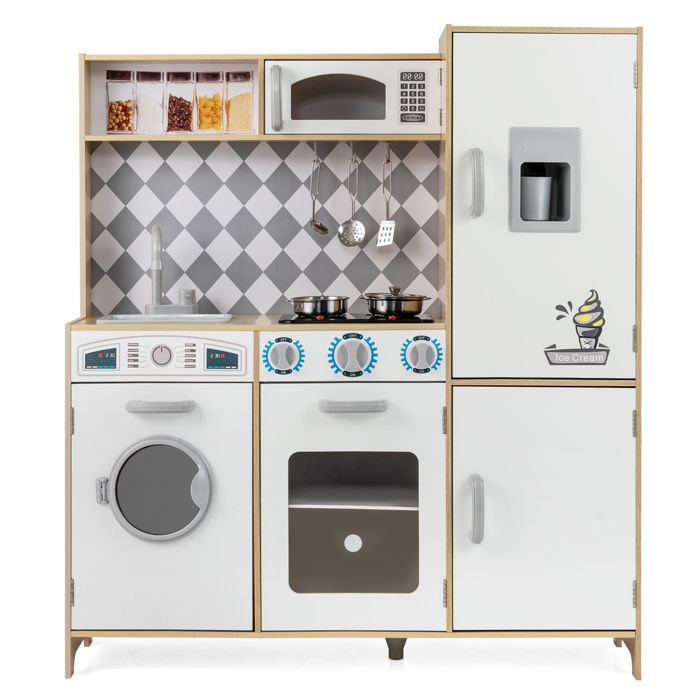 Cuisine Enfants 3 Ans+ COSTWAY en Bois-9 Accessoires avec Machine à Glaçons Cuisinière Machine à Laver Four Micro-ondes Naturel