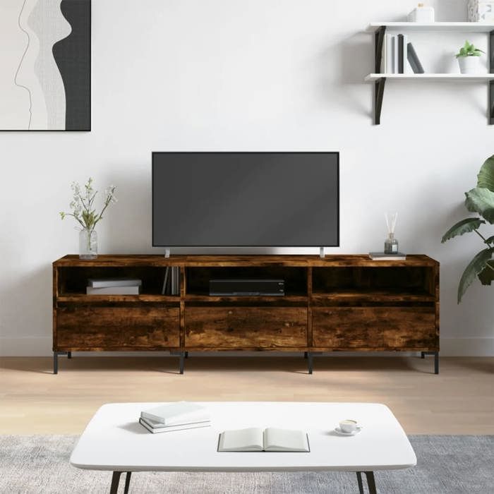 Meuble TV en bois dingénierie - VIDAXL - 150x30x445 cm - Chêne fumé - 6 compartiments - Pieds en fer