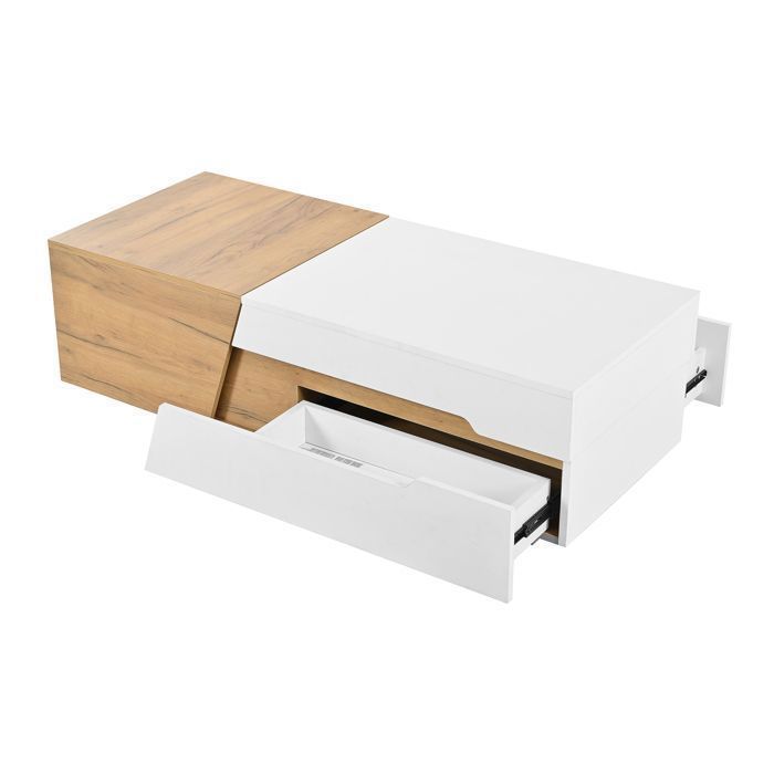 Table basse 120x50x375 cm en MDF blanc et bois naturel – rangement coulissant et design moderne