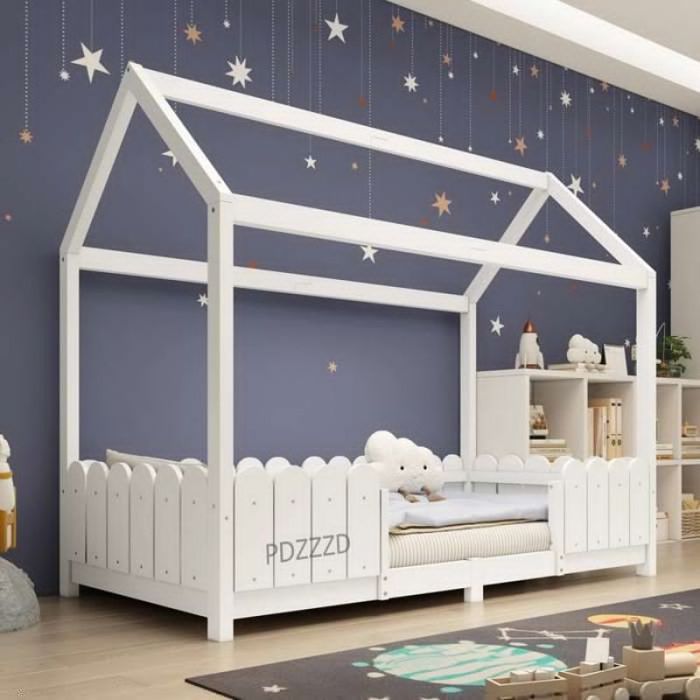 Lit cabane - PDZZZD - 90x200 cm - Bois massif - Blanc - Protection contre les chutes