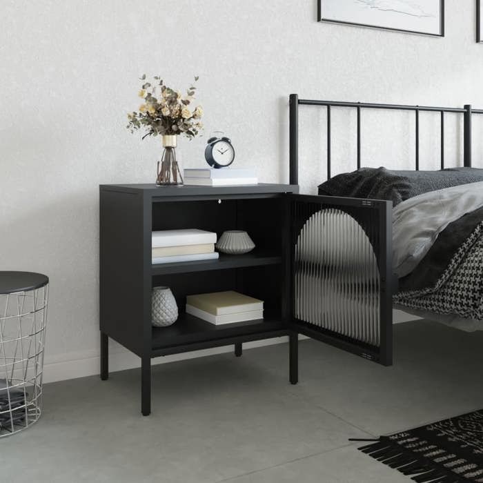 GKK Armoire de chevet Petit meuble de rangement - noir 50x35x60 cm - verre et acier @2604