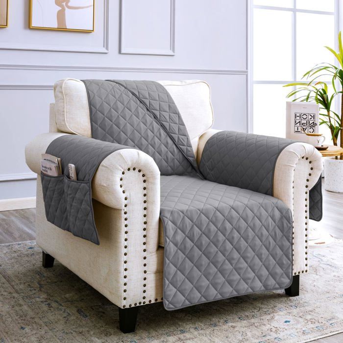 Housses de Canapé 1 Place 60cm Impermeable avec Accoudoirs Réversible Protégé Canapes -Gris Clair Label