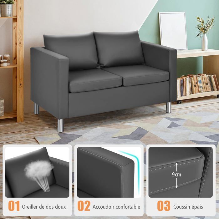 GIANTEX Canapé 2 Places Sofa de Salon avec Pieds en Métal Coussins et Dossier Doux et Confortables Style Nordique Gris GIANTEX Canapé 2 Places Sofa de Salon avec Pieds en Métal Coussins et Dossier Doux et Confortables Style Nordique Gris