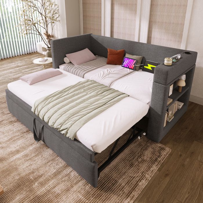 Daybed rembourré 90x190 cm avec lit gigogne et ports USB/Type-C Maisentiel