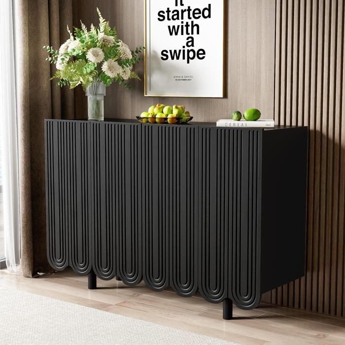 Buffet Bas Noir 120 cm avec 4 Portes Sculptées Motif Goutte et Étagères Intérieures Bahut Moderne avec Charnières Amorties