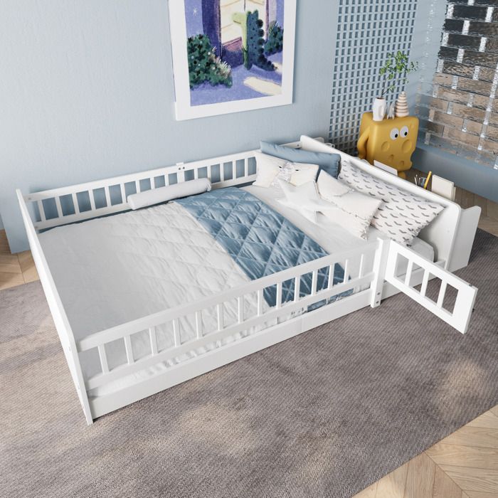 Lit enfant blanc 140×190 cm avec rangement ouvert barrière ouvrante structure solide montage nécessaire