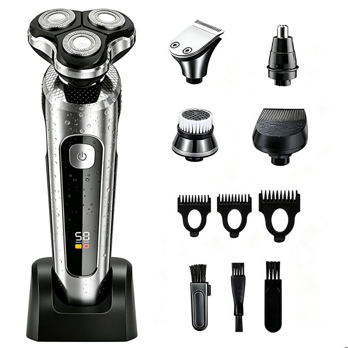 Rasoir Électrique Hommes 5 en 1 Tondeuse à Barbe Sans Fil Electric Shaver avec Écran LED Tondeuse Cheveux avec Base