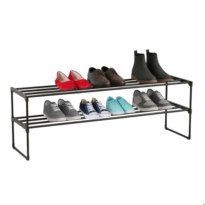 Relaxdays Étagère à chaussures 2 niveaux 38x117x30 cm métal noir emboîtable 15-18 paires gain de place