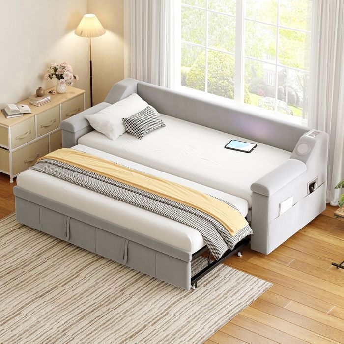 Lit gigogne 90x190 cm - Audio Bluetooth et USB - lit 2 places - Velours Gris Étagères de Rangement avec Sommier à lattes