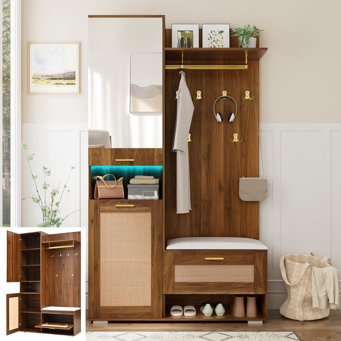 Meuble dentrée en rotin vintage - Vestiaire dentrée avec banc rembourré - Miroir intégré - 110x38x190 - Éclairage LED 16 couleurs