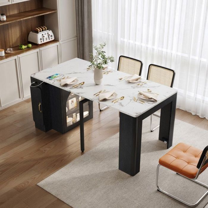 Îlot de cuisine avec table extensible Compartiments Latéraux Rangement Optimisé Multifonction Cuisine/Salle à Mang ILOT CENTRAL