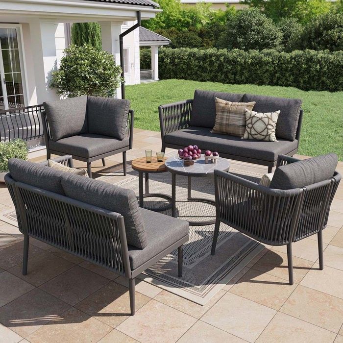 Ensemble de table et chaises de jardin - Ensemble 5 places - Métal gris - Coussins amovibles 8 cm - Tables basses verre
