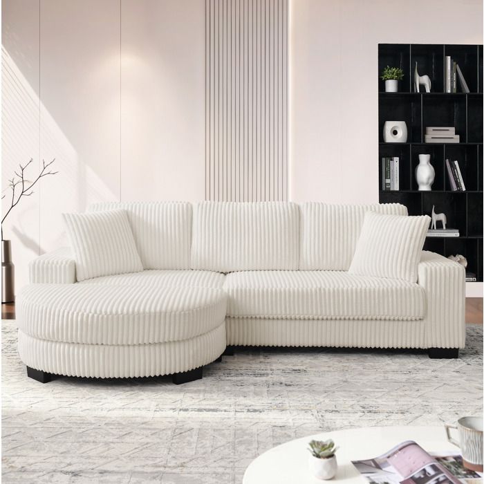 Canapé dangle modulable 4 places beige en corduroy avec hocker ovale réversible et 2 coussins