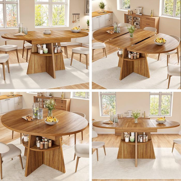 Table à manger ronde extensible 110-150x110x76cm Table à manger ovale 6 à 8 personnes avec rangements - marron foncé