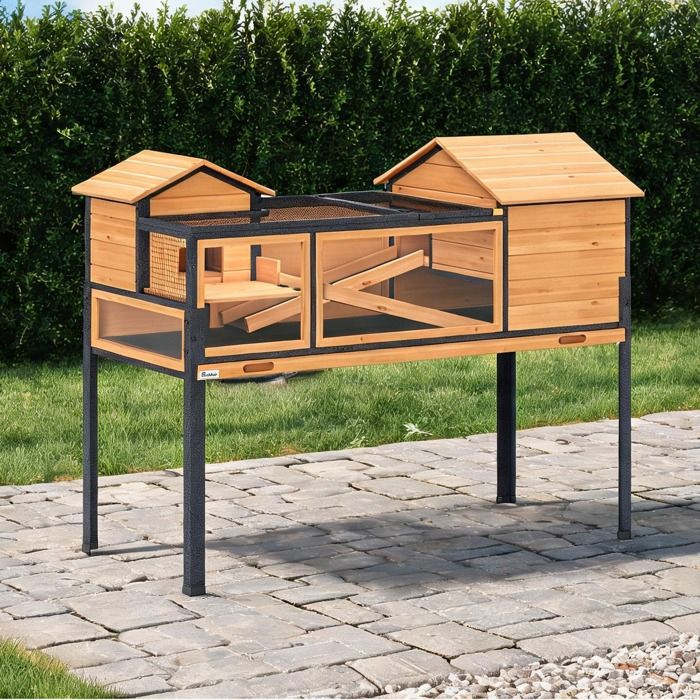 Enclos intérieur bois et acier jaune doux pour tortues et rongeurs – 2 pièces sur 2 étages avec rampes
