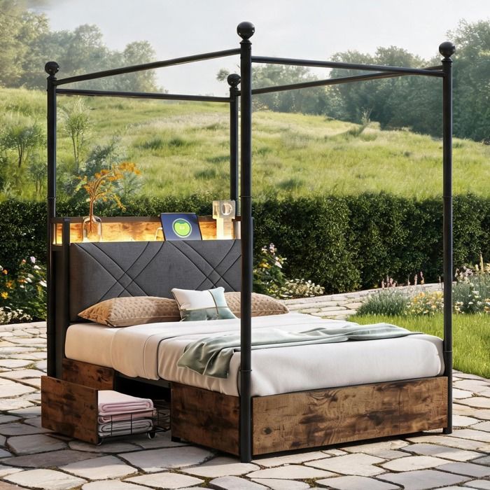 Lit enfant une personne 90x190 cm avec baldaquin amovible tiroirs LED et ports USB structure métal et bois classique black