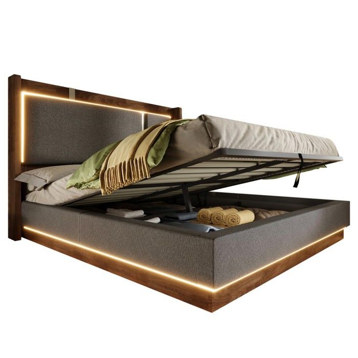 Lit Double 140x190cm Gris Lin Noyer Capitonné LED Coffre Hydraulique Sommier Lattes Chambre Adulte Confortable sans Matelas