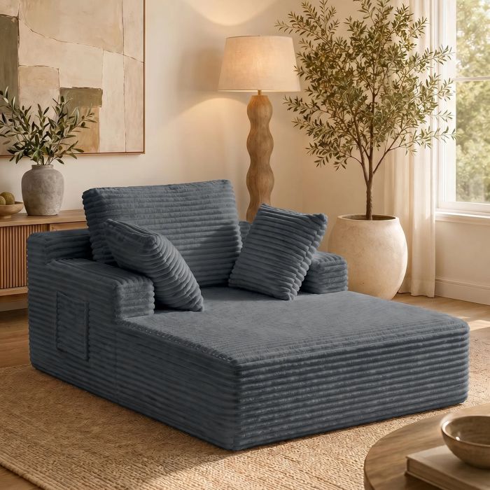 Chaise Longue Moderne Sans AssemblageMéridienne en Velours Côtelé avec CoussinsCanapé Relax avec Soutien Lombaire - Gris
