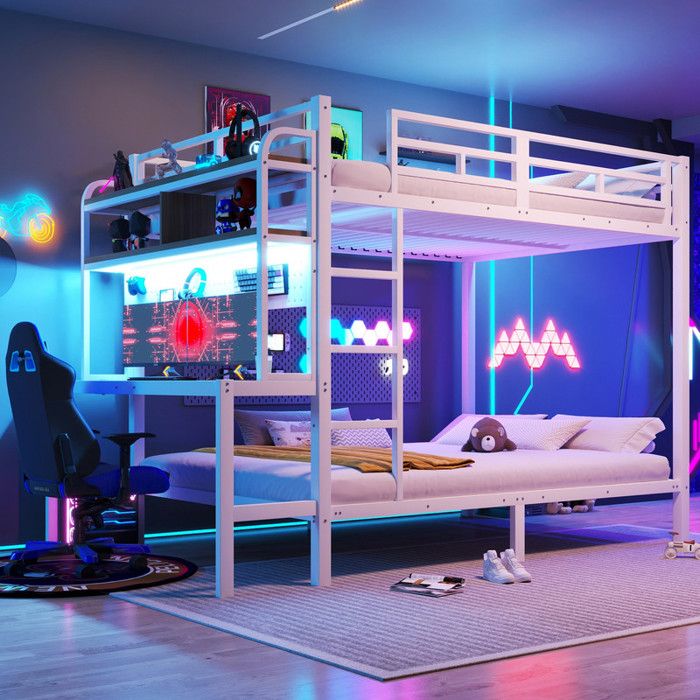 Lit Superposé Gaming 140x200 cm Métal blanc Enfant Ado Bureau Étagères USB LED RGB Rampes Sécurité Échelle FixeSans Matelas