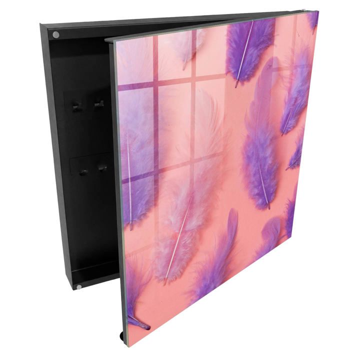 Armoire à clés decorative Plumes violettes Porte-clés mural avec rangement Noir Souvre vers la droite 30x30x5 Tulup
