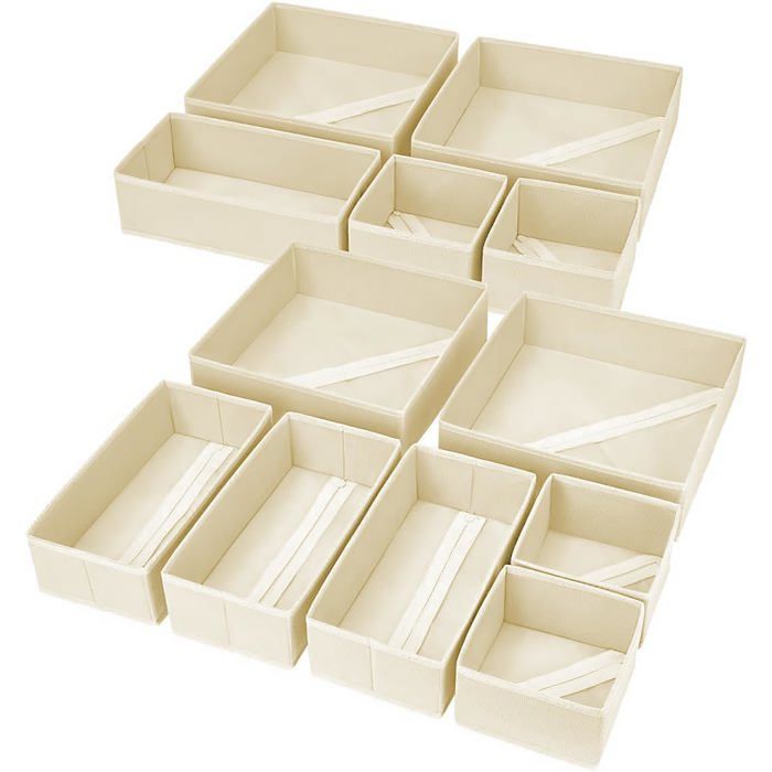 Lot De 12 Organisateurs De Placard Et Tiroir En Tissu Pliable Boîtes De Rangement Pour Vêtements Sous-Vêtements Et Chaussettes Beige