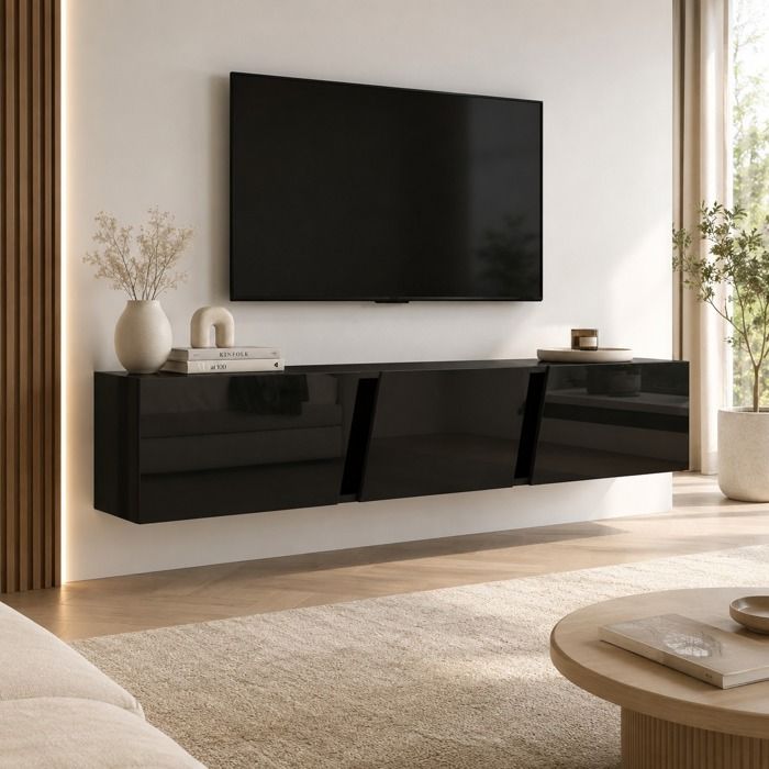 Meuble TV Mural Noir Brillant 180x35x30 cm avec LED App 3 Portes Abattantes adapté TV 75p