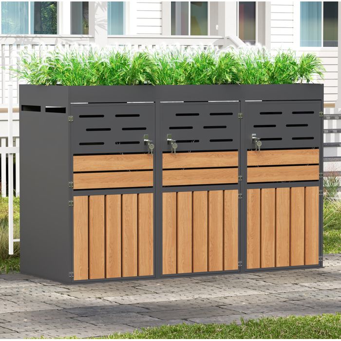 Armoire d’extérieur cache-poubelle AESVAR avec bac à plantes intégré 3 portes acier galvanisé gris