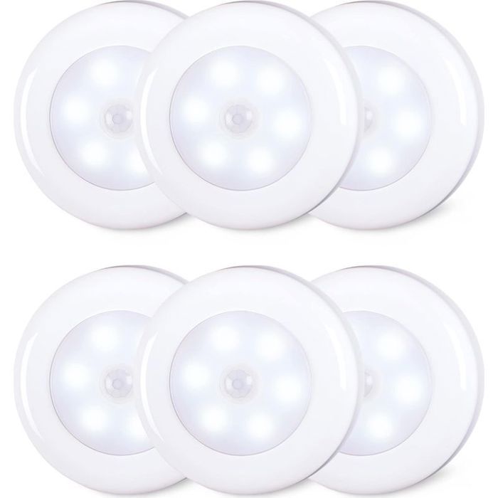 Lot de 6 lampes LED dintérieur à détecteur de mouvement de 8 cm alimentées par piles AAA à coller pour escaliers sous les armoi