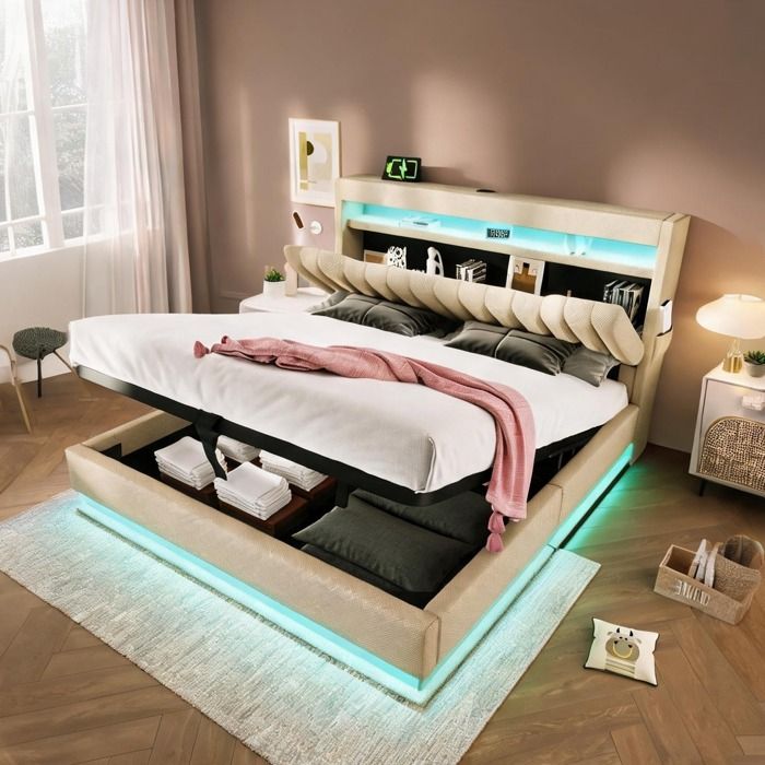Sommier tapissier 180x200 cm beige lin avec tête de lit connectée et coffre hydraulique