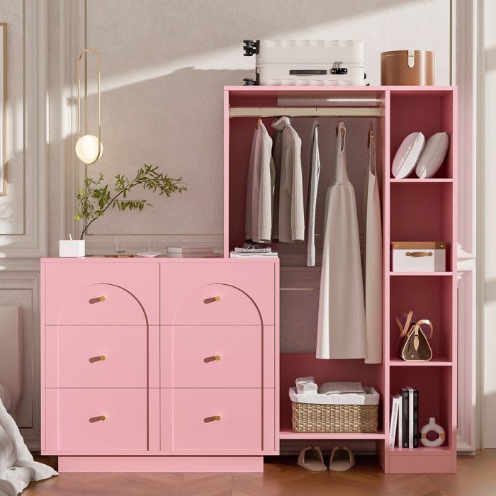Armoire Penderie 139x35x133cm - Dressing Modulaire avec 6 Tiroirs Tringle Penderie & Étagères Réglables - Rose
