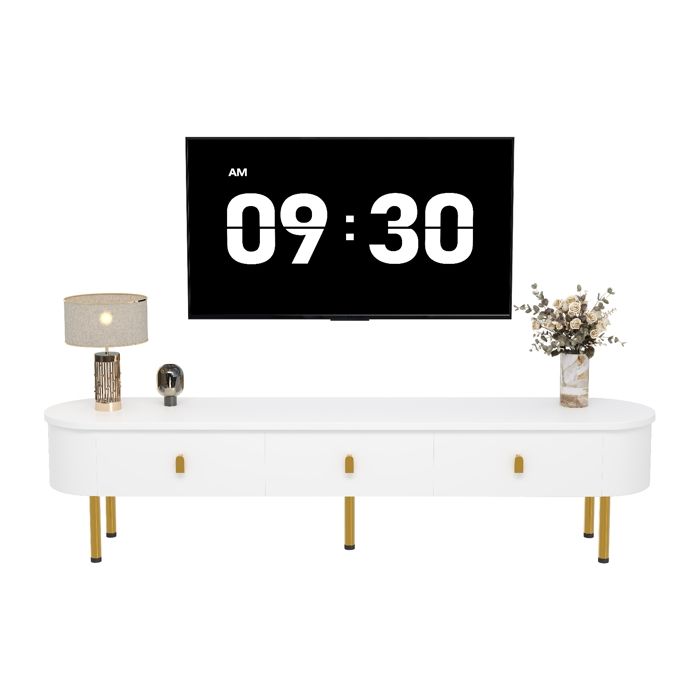 Meuble TV 3 Tiroirs Banc TV 174cm meuble tv blanc et or à Coins Arrondis en MDF pour Salon 174x35x41cm