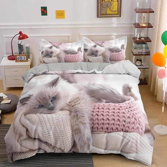 Parure De Lit 140X190 Chat Persan Gris Housse De Couette Avec 2