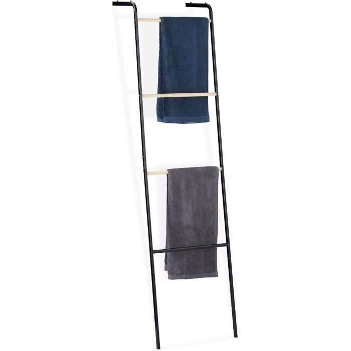Eluno Échelle Porte-Serviettes 5 Barres Bambou & Métal Noir – Design Tendance Sans Fixation