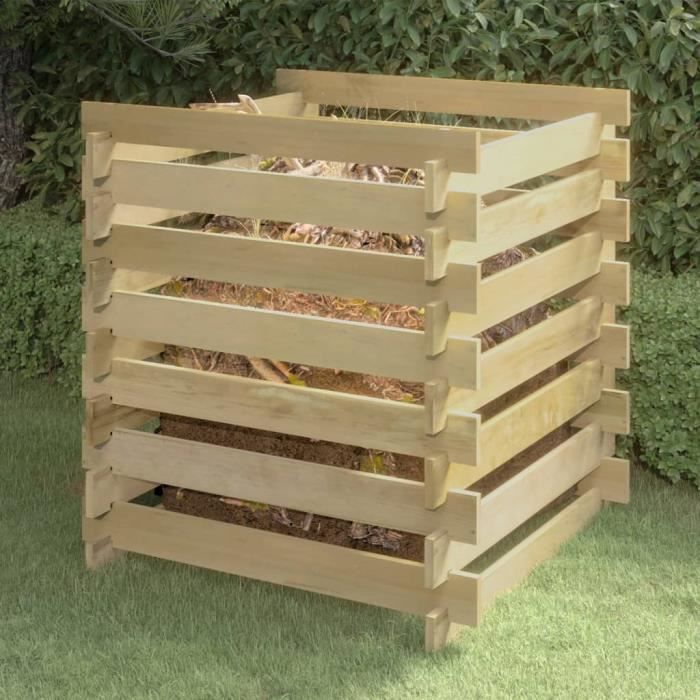 Composteur En Bois De Pin - 90x90x90 Cm - Lattes Aérées - Imprégné Vert - Pour Jardin Et Déchets Verts