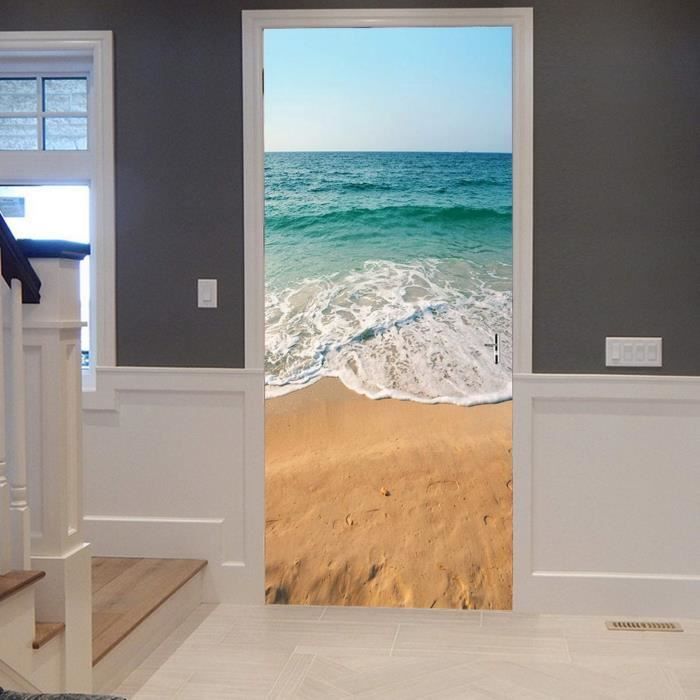 Autocollant Mural Vinyle Déco Plage - Palmiers, Vagues Et Mer - Décalcomanie Amovible N1241