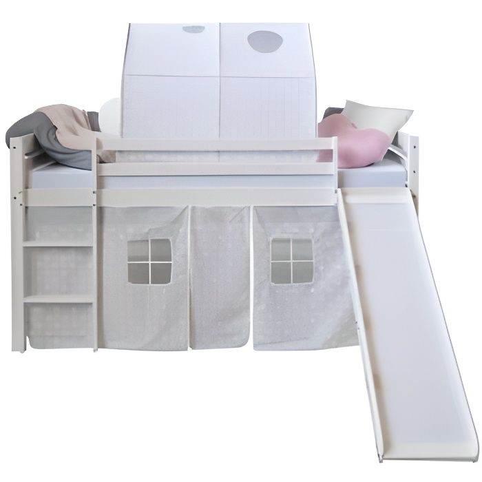 lit mezzanine 90x200 avec toboggan - homestyle4u - gris - bois massif - a lattes - enfant
