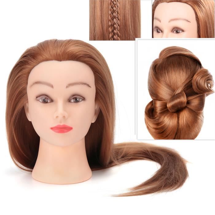 24 Pouce Pro Tête À Coiffer Long Naturel Cheveux Brun Coiffure Mannequin Tête dapprentissage Tête à Coiffer Tête dexercice -CYA