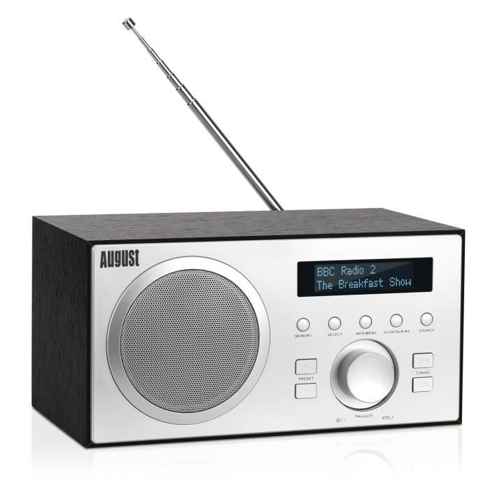 Radio FM DAB Bluetooth Bois Secteur - August MB420 - MP3 Lecteur clé USB, Radio numérique Terrestre DAB Plus, Digital - Noir