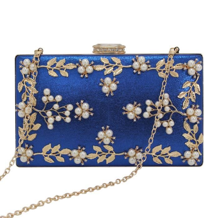 Pochette Sac de Soirée Rigide Luxe Fleur en Perles Feuilles Décoré Bleu Pour Femme