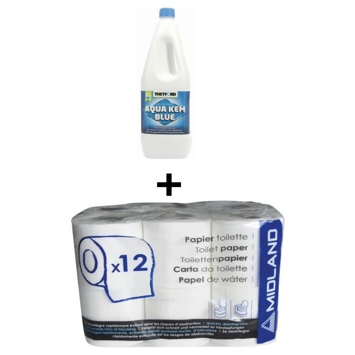 THETFORD Liquéfiant WC Chimique Aqua Kem bleu 2 Litres + Papier toilette WC chimique 12 rouleaux