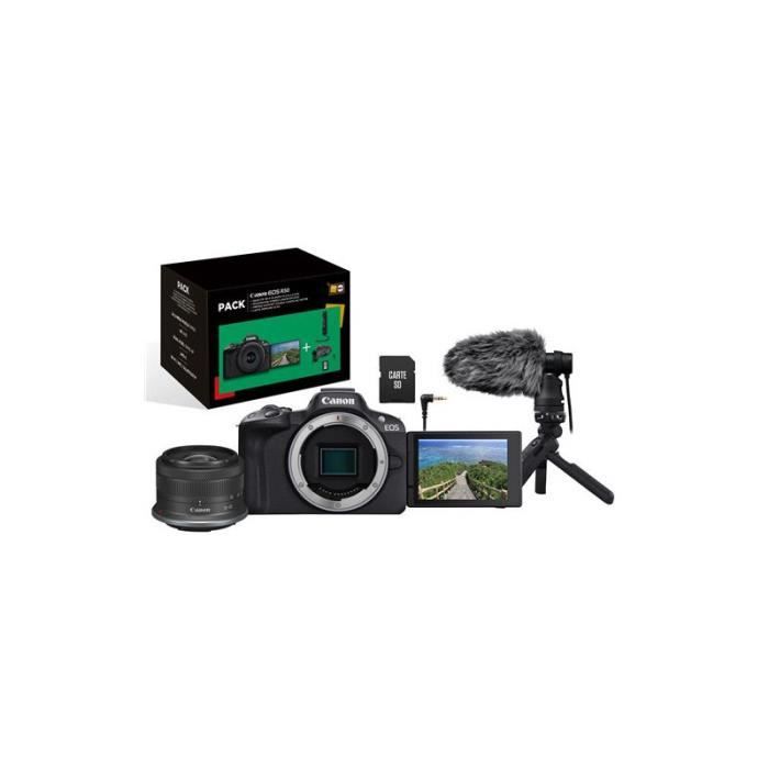 Pack Appareil photo hybride Canon EOS R50 Noir + RF S 18 45mm f 4.5 6.3 IS STM + Micro + Trépied + Télécommande + carte SD +