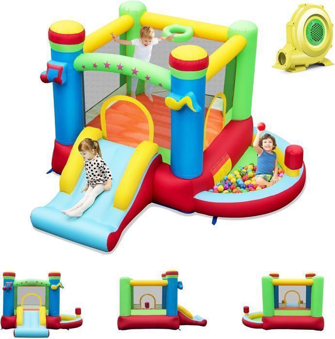 GOPLUS Château Gonflable Interieur Exterieur avec Zone de Saut, Toboggan, Jeu de Basket, Petit château Gonflable Enfants avec 2 Garçons Filles 3-12