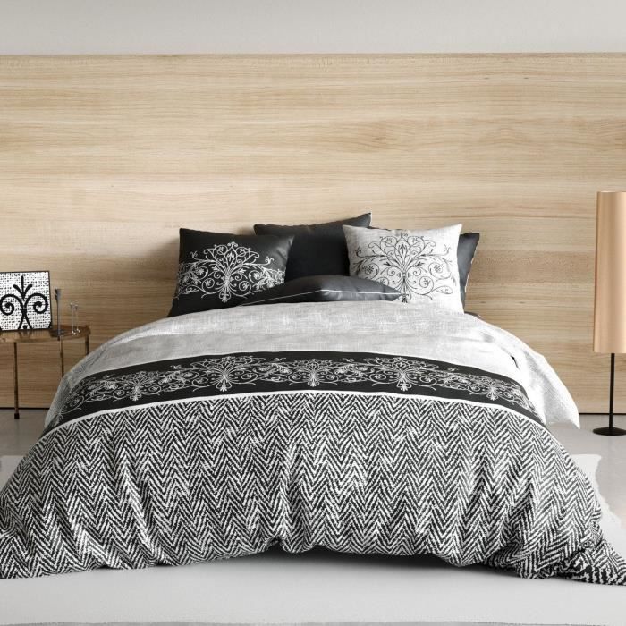 Housse de couette 220x240 West Wide Noir + 2 taies coton 57 fils Blanc