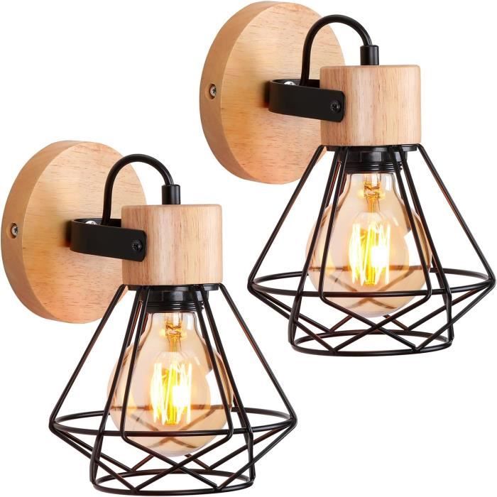 IDEGU 2pcs Applique Murale Industrielle 16CM Vintage Lampe Murale Interieur en Bois Fer Rétro Réglable E27 Éclairage Mural Noir
