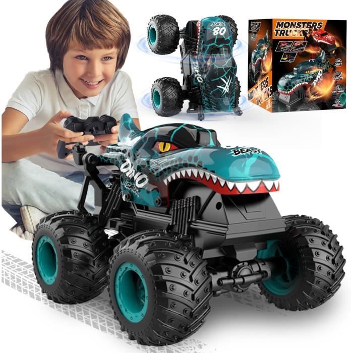 Voiture Telecommandé Dinosaures 1:20 RC Monster Truck avec Musique et Lumières Cadeau pour Enfants 4+ Ans-Bleu